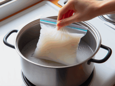 冷凍原料を湯煎して解凍する